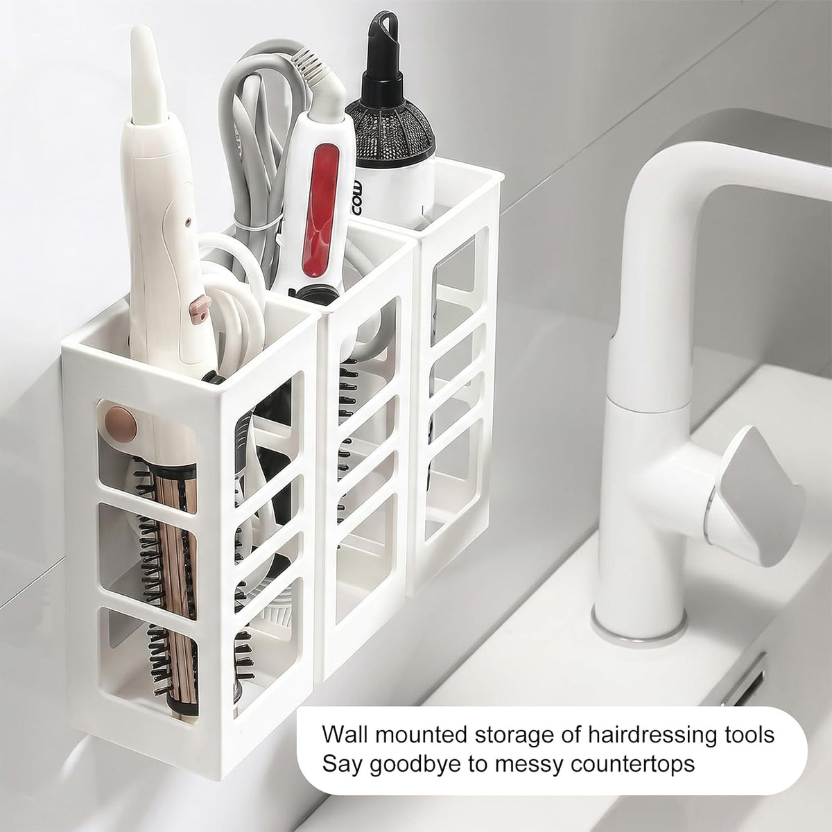 Hair Tool Organizer Wall Mount, Curling Iron Holder & Flat Iron Holder, Self Adhesive Hair Dryer Holder for Bathroom, No Drilling Styling Tool Storage Rack for Vanity, Salon Hair Care Tools Holder (White,1 Pack)