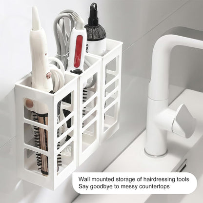 Hair Tool Organizer Wall Mount, Curling Iron Holder & Flat Iron Holder, Self Adhesive Hair Dryer Holder for Bathroom, No Drilling Styling Tool Storage Rack for Vanity, Salon Hair Care Tools Holder (White,1 Pack)