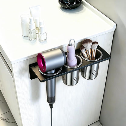Wall Mount Hair Tool Organizer, 3-in-1 Blow Dryer Holder with 2 Cups for Curling Wand & Flat Iron & Brushes & Hair Straighteners, Hot Tool Holder Hair Dryer Holder for Bathroom Vanity (Black)