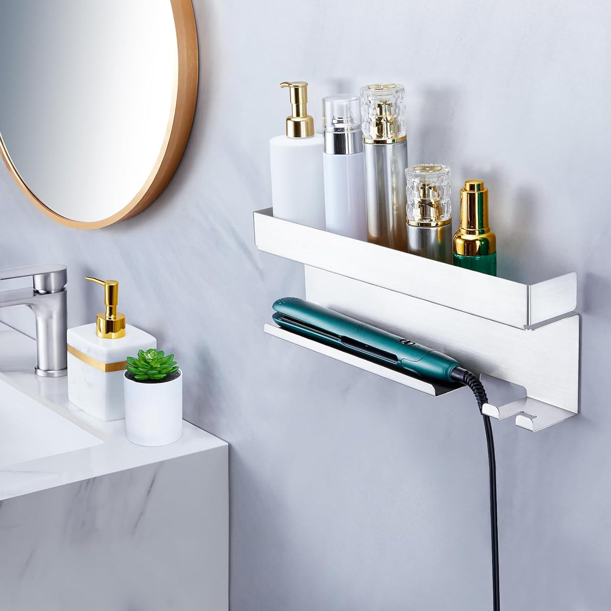 Storage Hair Dryer Holder for Curling Iron Wands Accessories, Hair Straightener Holder, Wall Mount Hair Tool Organizer for Styler Attachments, Curling Iron Holder Organizer for Bathroom, Silver