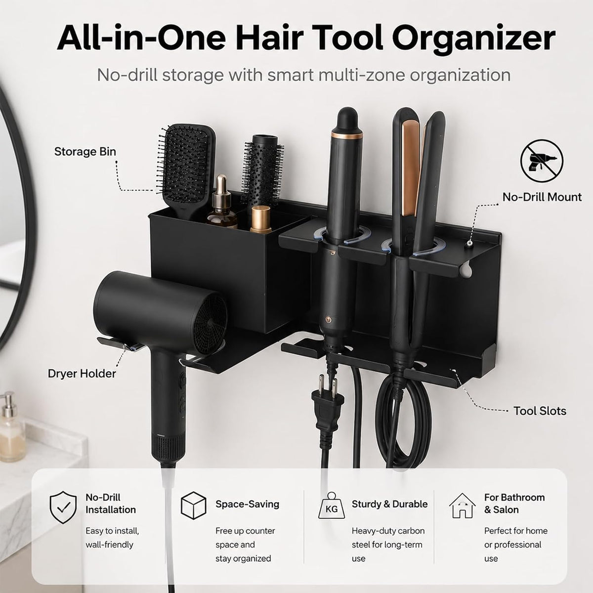 Hair Dryer Holder Wall Mounted, Include Adhesive Strip and Screw Mounting Kits, Hair Tool Organizer Wall Mount for Bathroom, Universal Hair Dryer Holder Rack Storage for Blow Dryer, Curling Iron