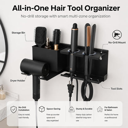 Hair Dryer Holder Wall Mounted, Include Adhesive Strip and Screw Mounting Kits, Hair Tool Organizer Wall Mount for Bathroom, Universal Hair Dryer Holder Rack Storage for Blow Dryer, Curling Iron