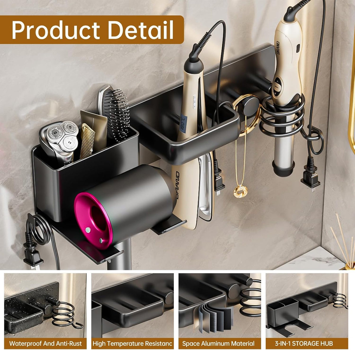 5 in 1 Hair Dryer Holder Hair Tool Organizer Metal Wall Mount (Black)