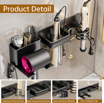 5 in 1 Hair Dryer Holder Hair Tool Organizer Metal Wall Mount (Black)