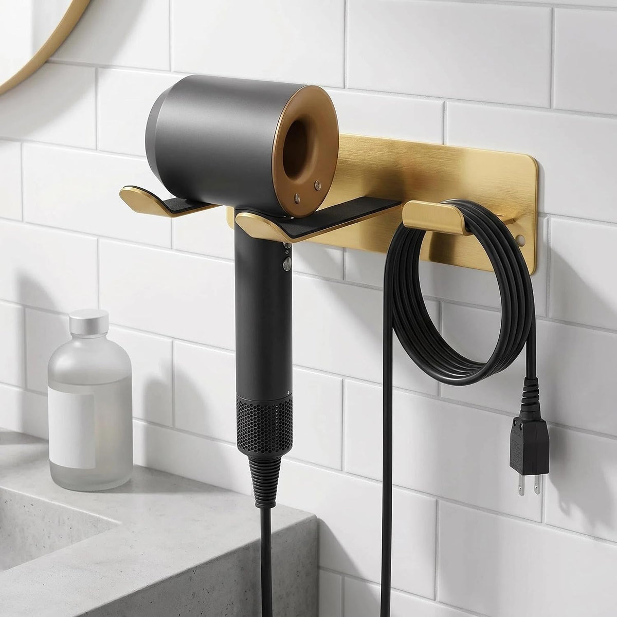 Hair Dryer Holder Wall Mount, Universal No-Drill Stainless Steel Organizer with 3M Adhesive & Screws, Space Saving Blow Dryer Hanger for Bathroom Bedroom Salon RV (Gold)