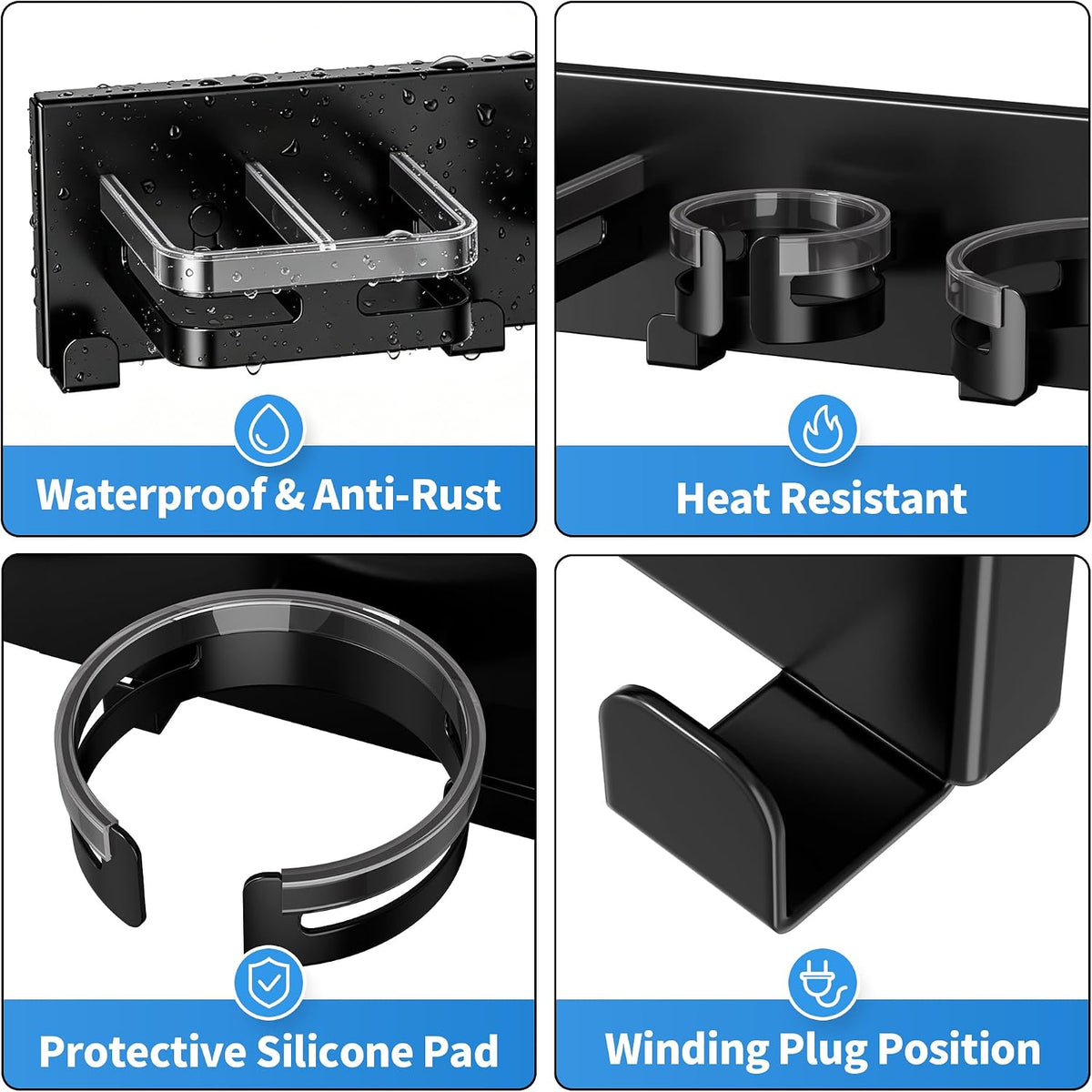 Hot Hair Tool Organizer Wall Mount with Plug & Cord Storage, Black