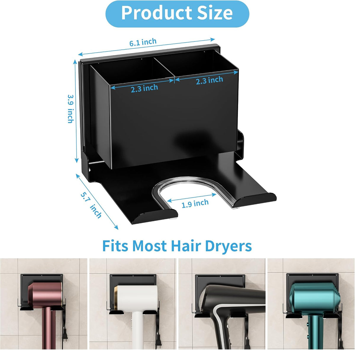 BOIVSHI Hair Dryer Holder Wall Mounted, Black Blow Dryer Holder