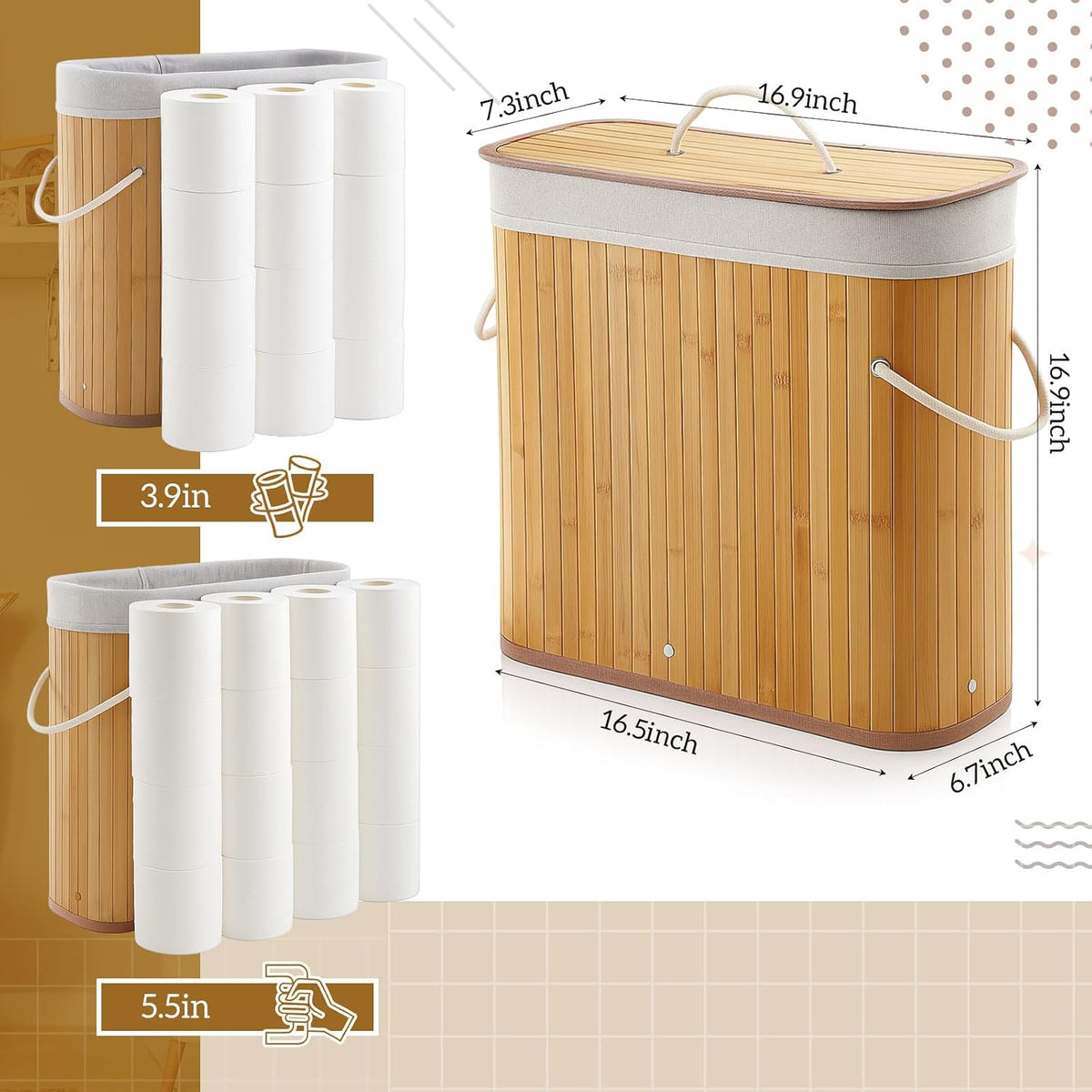 Leinuosen Bamboo Toilet Paper Storage Basket with Lid, Beige, Regular