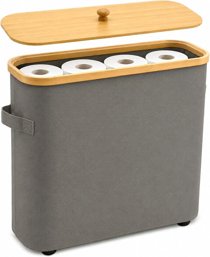 Premium Waterproof Toilet Paper Storage Box with Bamboo Lid - Fits 9 Mega Rolls, 900D Heavy-Duty Fabric Bathroom Organizer Bin with Elevated Base & Handles for Narrow Spaces (17.3"x 6.9"x 15.5")