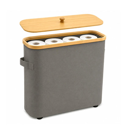 Premium Waterproof Toilet Paper Storage Box with Bamboo Lid - Fits 9 Mega Rolls, 900D Heavy-Duty Fabric Bathroom Organizer Bin with Elevated Base & Handles for Narrow Spaces (17.3"x 6.9"x 15.5")