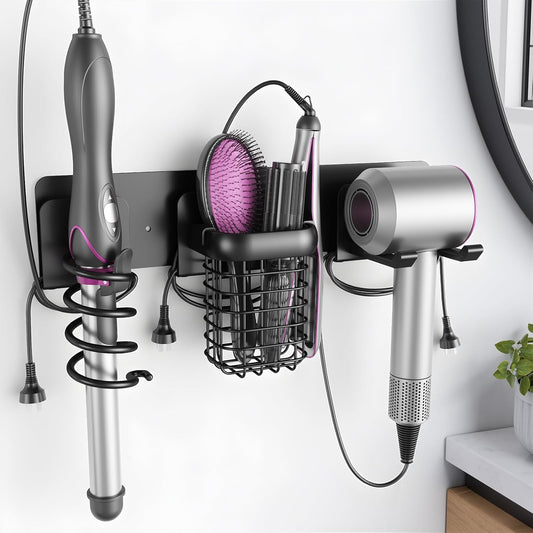 Tindbea Upgraded Aluminum Alloy Hair Dryer Holder Wall Mounted with Built-in Cord Wrap,3-in-1 Hair Tool Organizer for Blow Dryer, Curling Iron, and Straightener, Matte Black