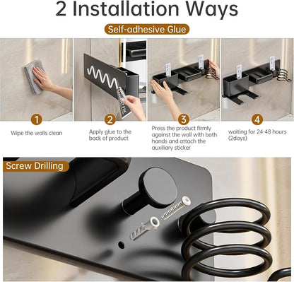 5 in 1 Hair Dryer Holder Hair Tool Organizer Metal Wall Mount (Black)