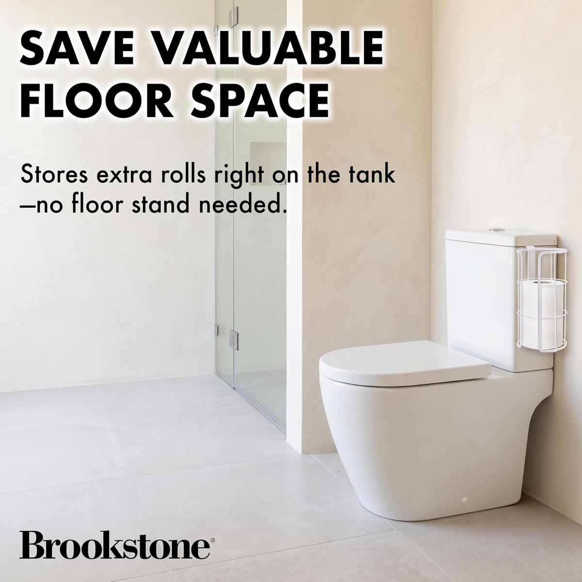BROOKSTONE Over the Toilet Paper Holder Reserve - Toilet Paper Holder with Storage, Bathroom Toilet Paper Organizer, Metal Toilet Paper Roll Holder Fits Any Size Rolls - Matte White