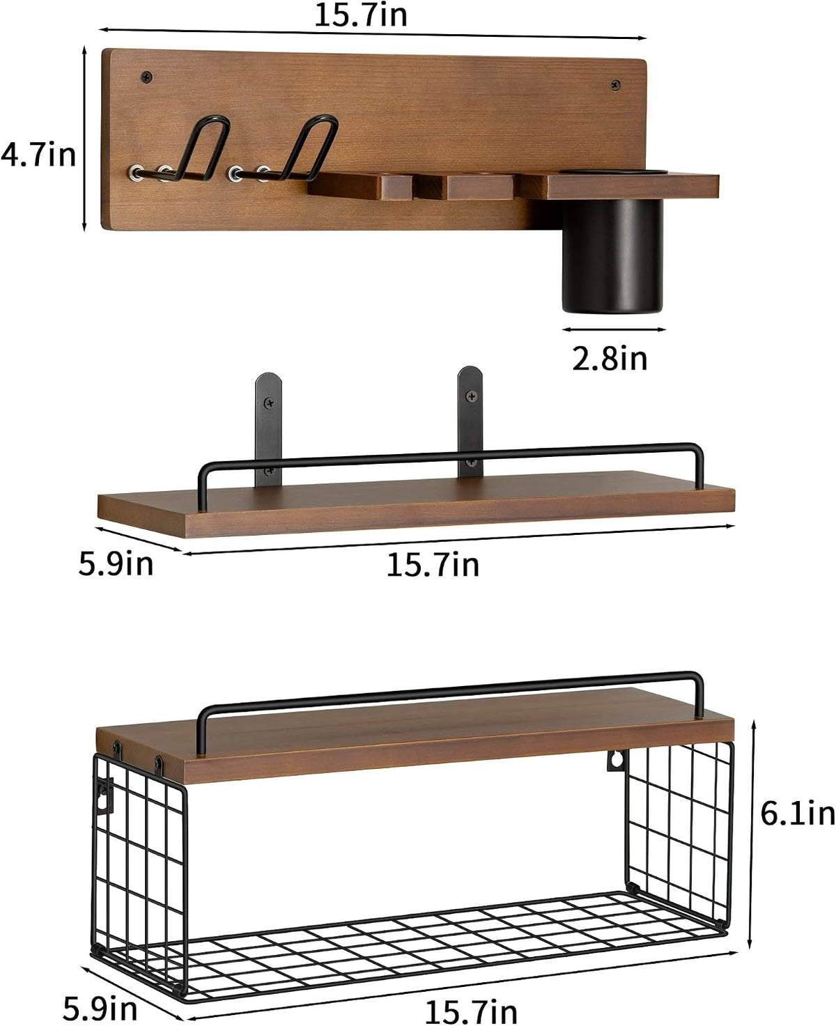 3-Tier Bathroom Floating Shelves with Hair Dryer Holder, Brown