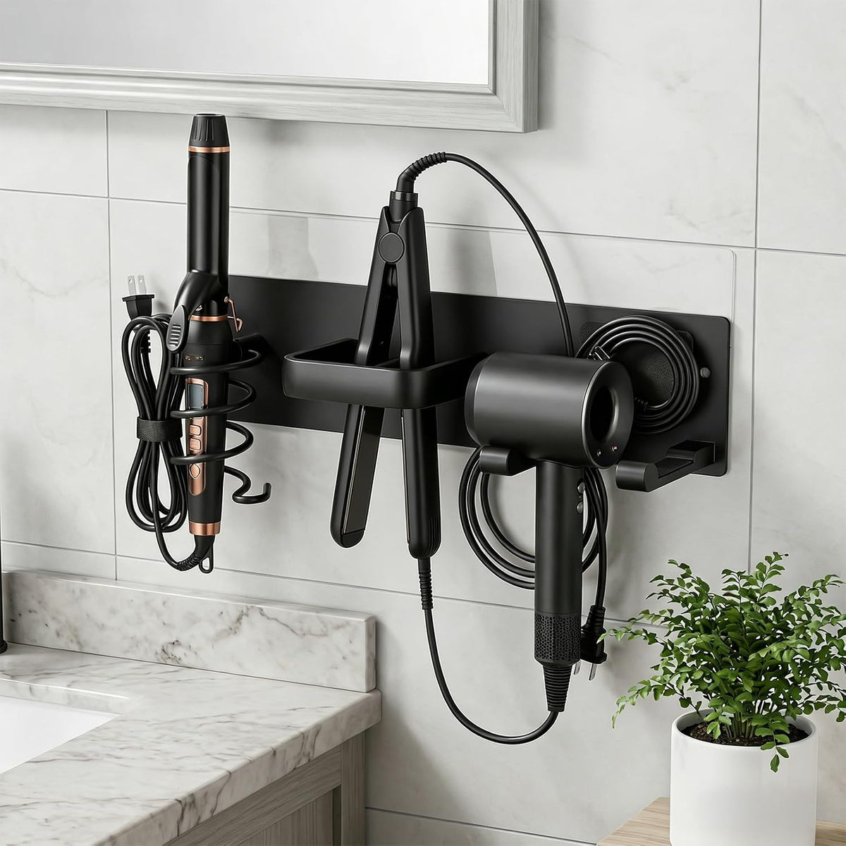 3-in-1 Hair Dryer Holder Wall Mount, Hair Tool Organizer with Curling Iron & Flat Iron Holder, Universal Blow Dryer Stand for Bathroom Vanity, Matte Black