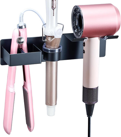 Hair Dryer Holder Wall Mount Curling Iron Holder Flat Iron Holder, Blow Dryer Holder Wall, 3 in 1 Bathroom Hair Tool Organizer Rack for Universal Hairdryer Straightener Curlings (Black)