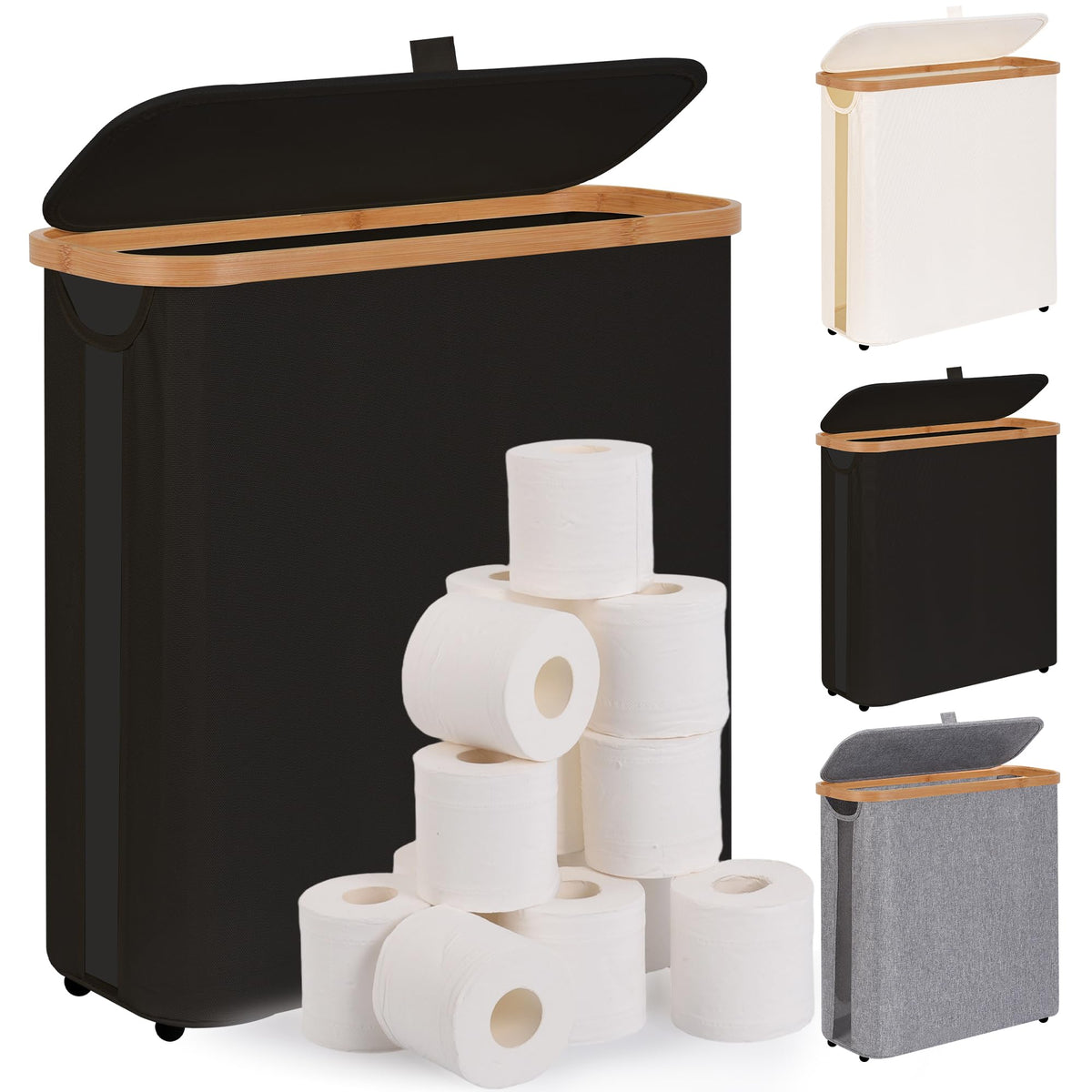 Toilet Paper Storage Basket with Lid - The Ultimate Bathroom Organizer, Free Standing Toilet Paper Holder for Up to 9 Mega Rolls, Toilet Tissue Storage Bin with Handle for RV Closet, Black