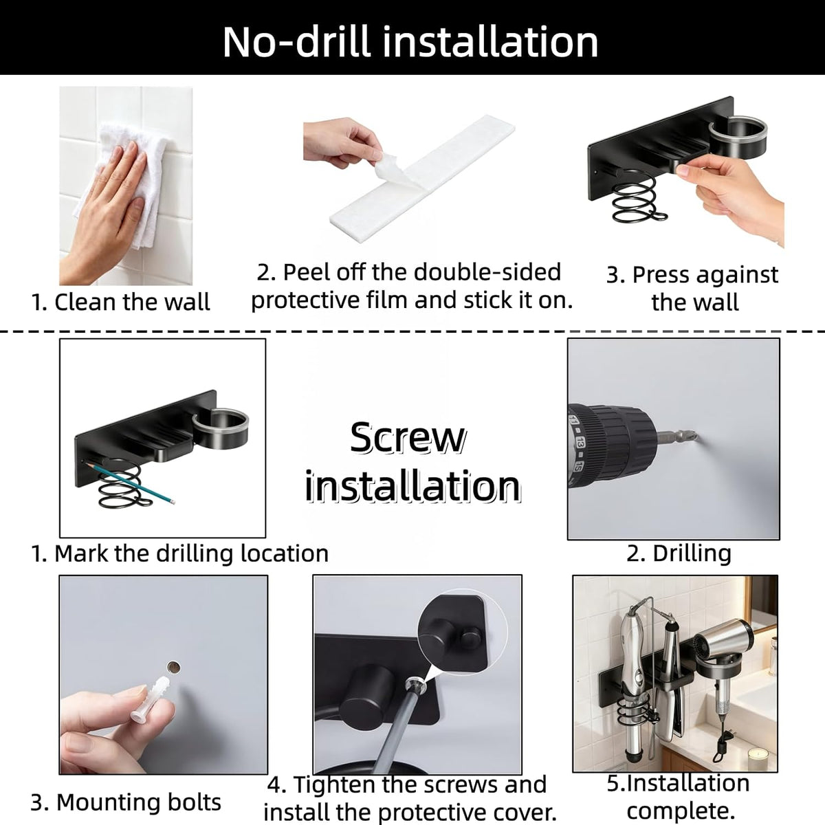 Hair Dryer Holder Wall Mounted Blow Dryer Holder Curling Iron Holder Straightener Holder 3 in 1 Bathroom Metal Hair Tool Organizer Rack（Matte Black）