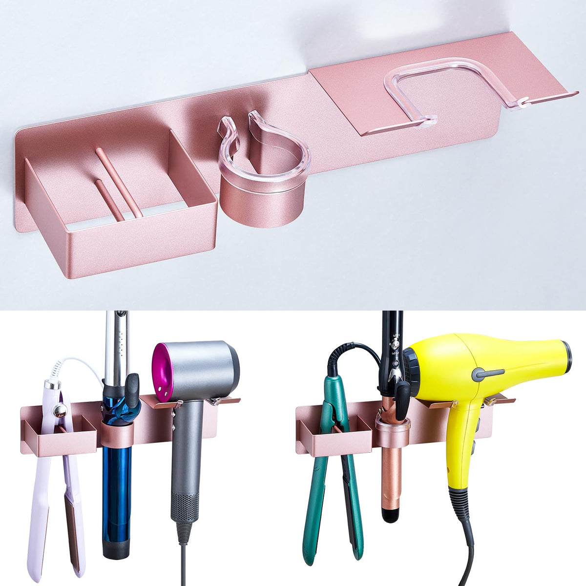 Hair Dryer Holder Wall Mount Curling Iron Holder Flat Iron Holder, Blow Dryer Holder Wall, 3 in 1 Bathroom Hair Tool Organizer Rack for Universal Hairdryer Straightener Curlings (Black)