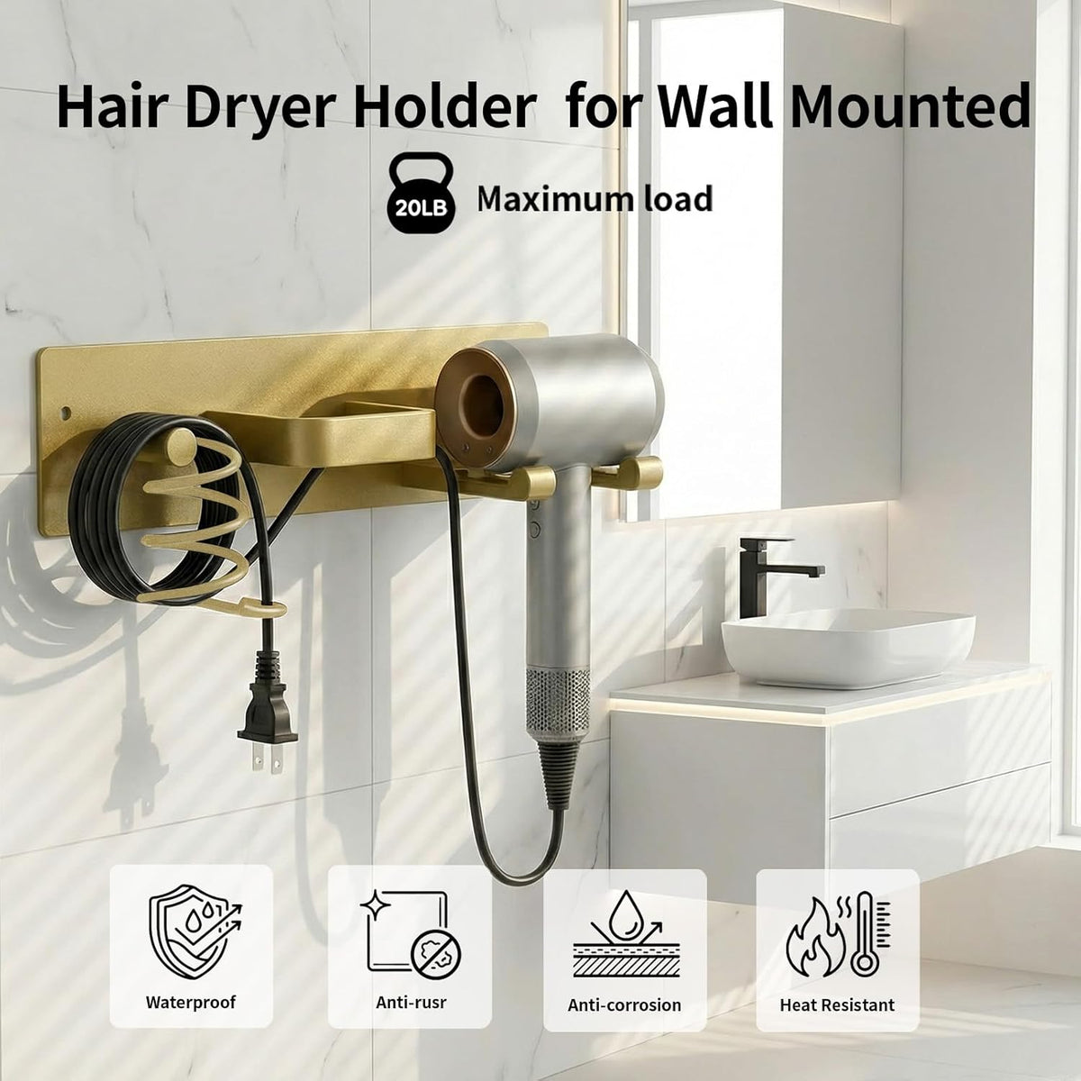 Hair Dryer Holder Hair Tool Organizer Metal Wall Mount (Gold)