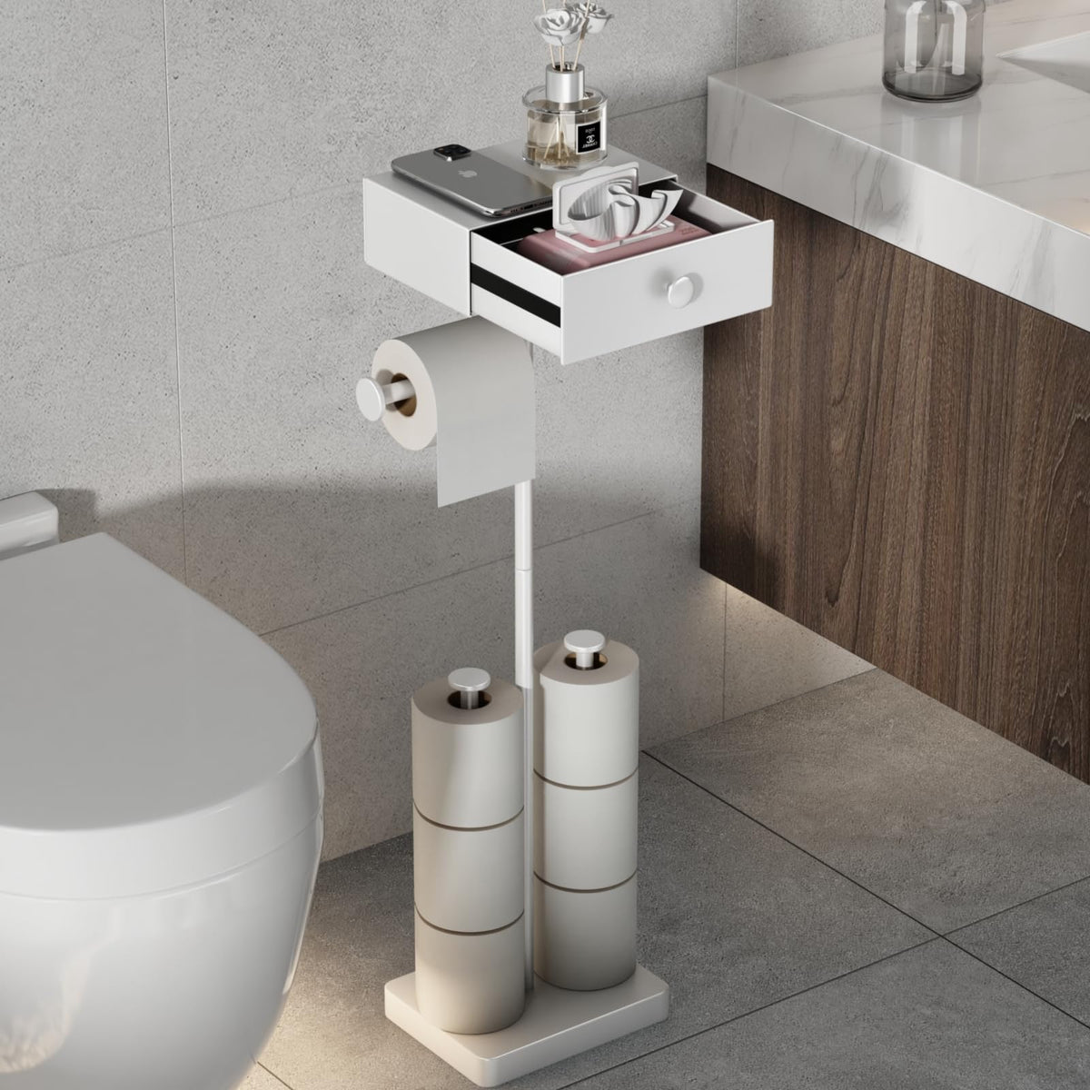 VOLDRA Toilet Paper Holder Stand with Shelf, Free Standing Black Toilet Paper Roll Holder with Wipes Storage Drawer Heavy Duty Floor Bathroom Tissue Holder Freestanding No Drill Tp Holder for 7 Rolls