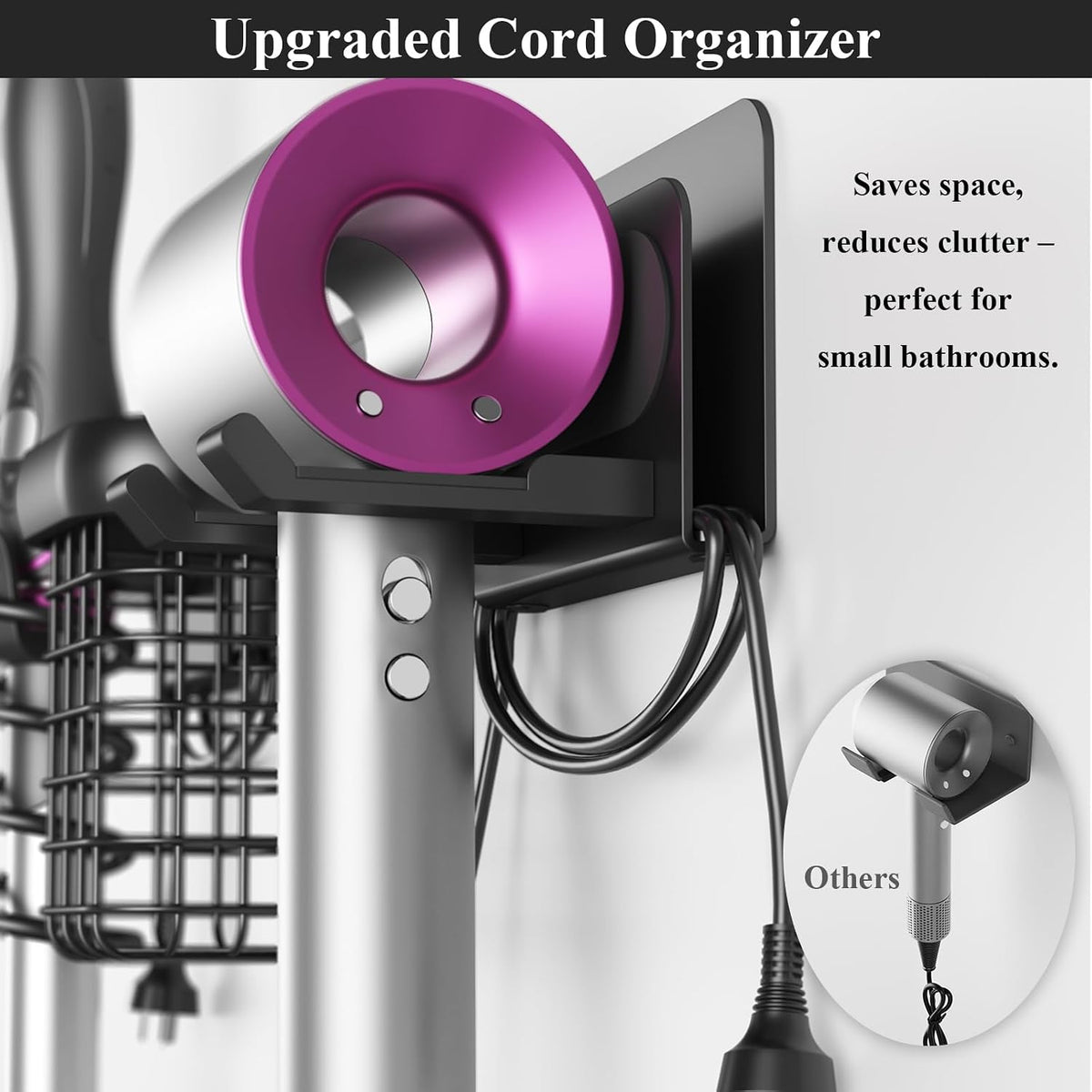 Tindbea Upgraded Aluminum Alloy Hair Dryer Holder Wall Mounted with Built-in Cord Wrap,3-in-1 Hair Tool Organizer for Blow Dryer, Curling Iron, and Straightener, Matte Black