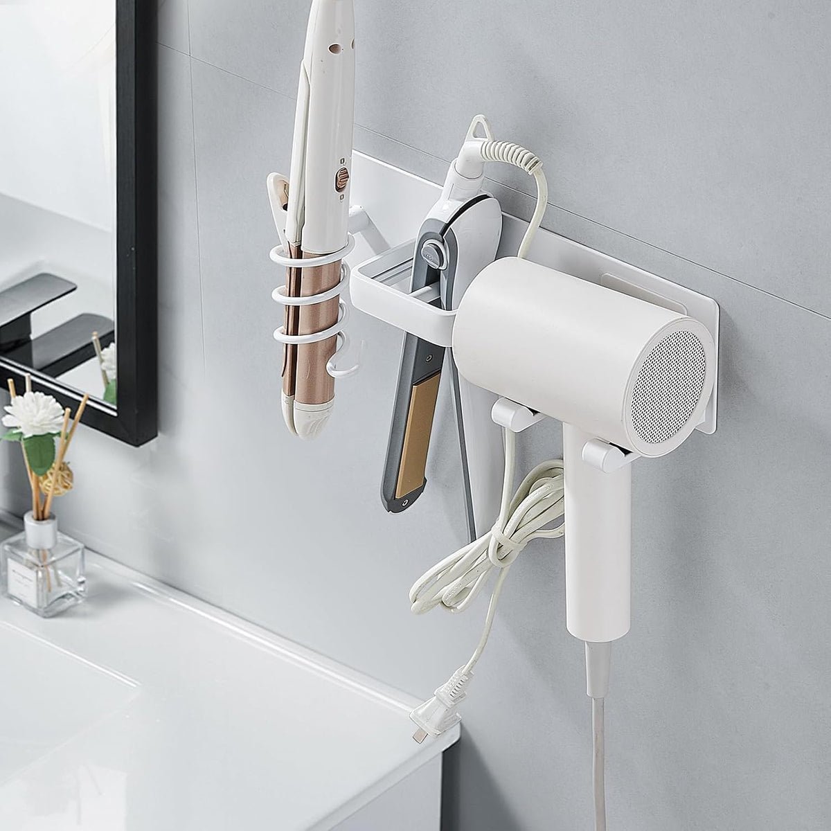 Hair Dryer Holder Wall Mounted,Blow Dryer, Curling Iron, Straightener Holder 3 in 1 Bathroom Metal Hair Tool Organizer Rack-Matte White-2