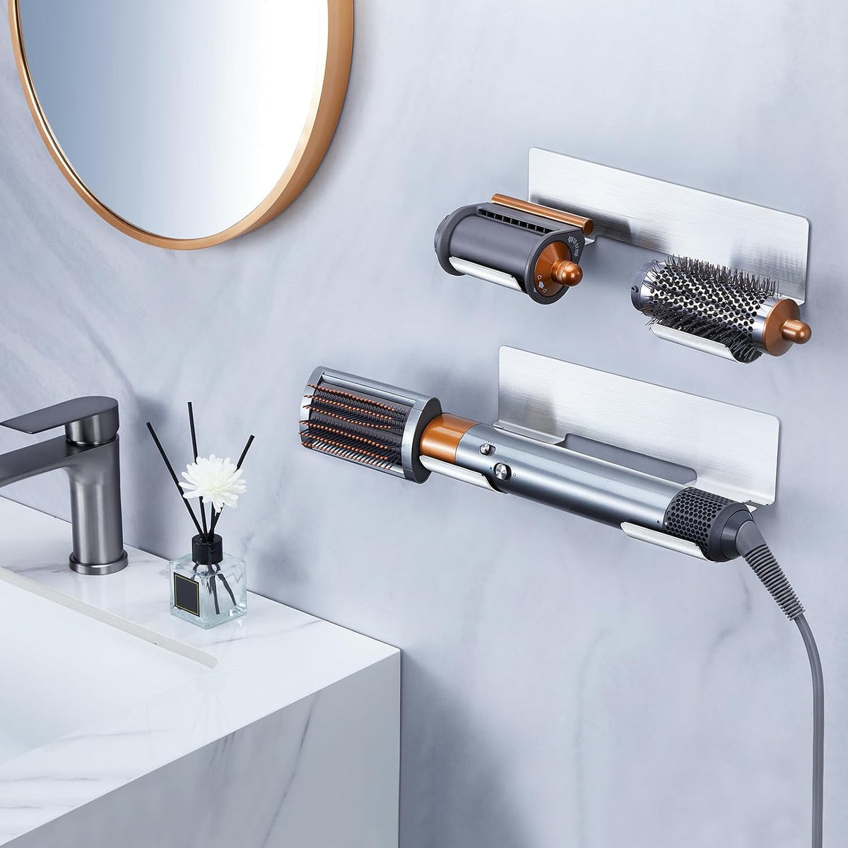 1PC Hair Straightener Holder Wall Mount Curling Iron Holder, Hair Dryer Holders for Wands & Styler Attachments, Flat Iron Holders Adhesive Hair Tool Organizer Vanity Bath Hair Tool Holder, Silver