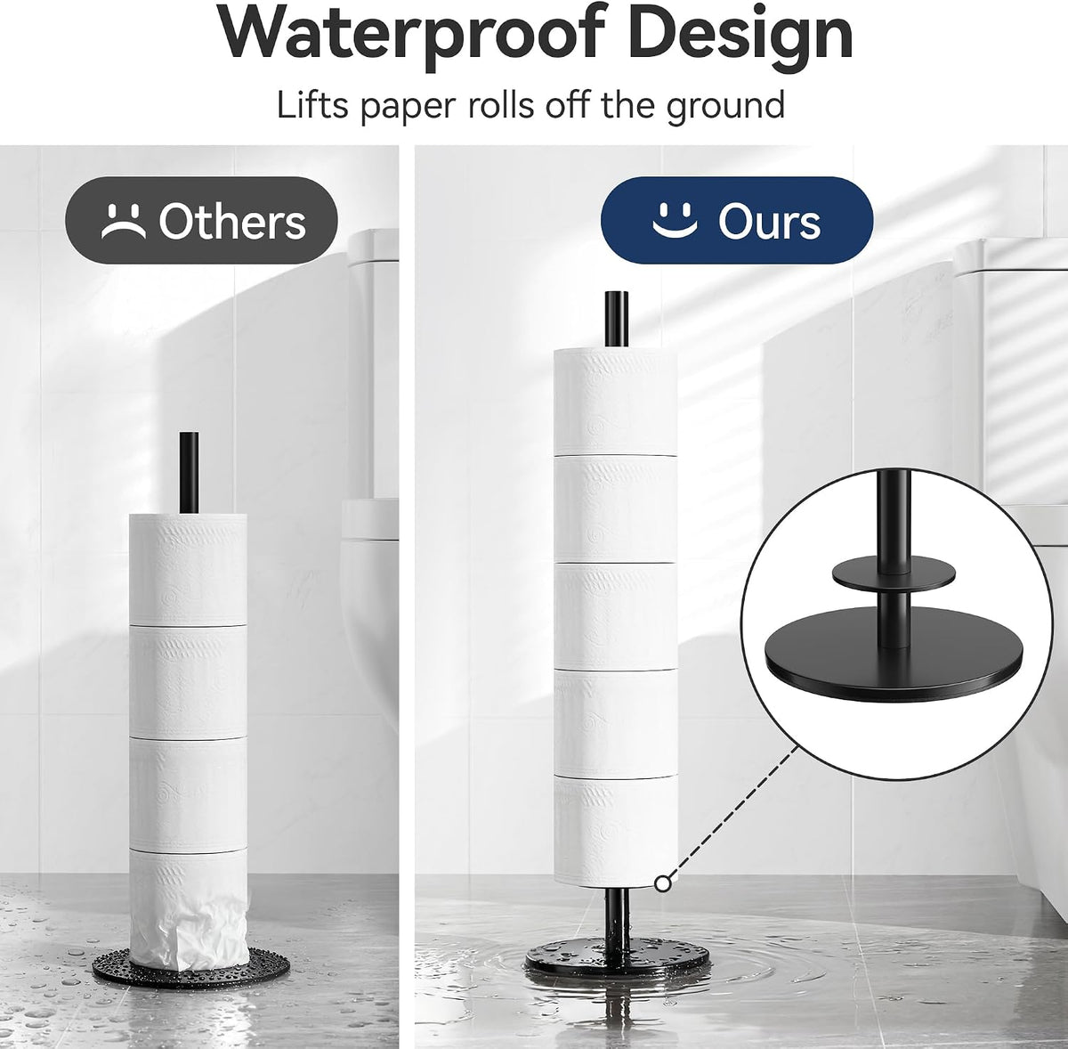 Freestanding Toilet Paper Holder with Shelf,5 Roll Storage,Matte Black