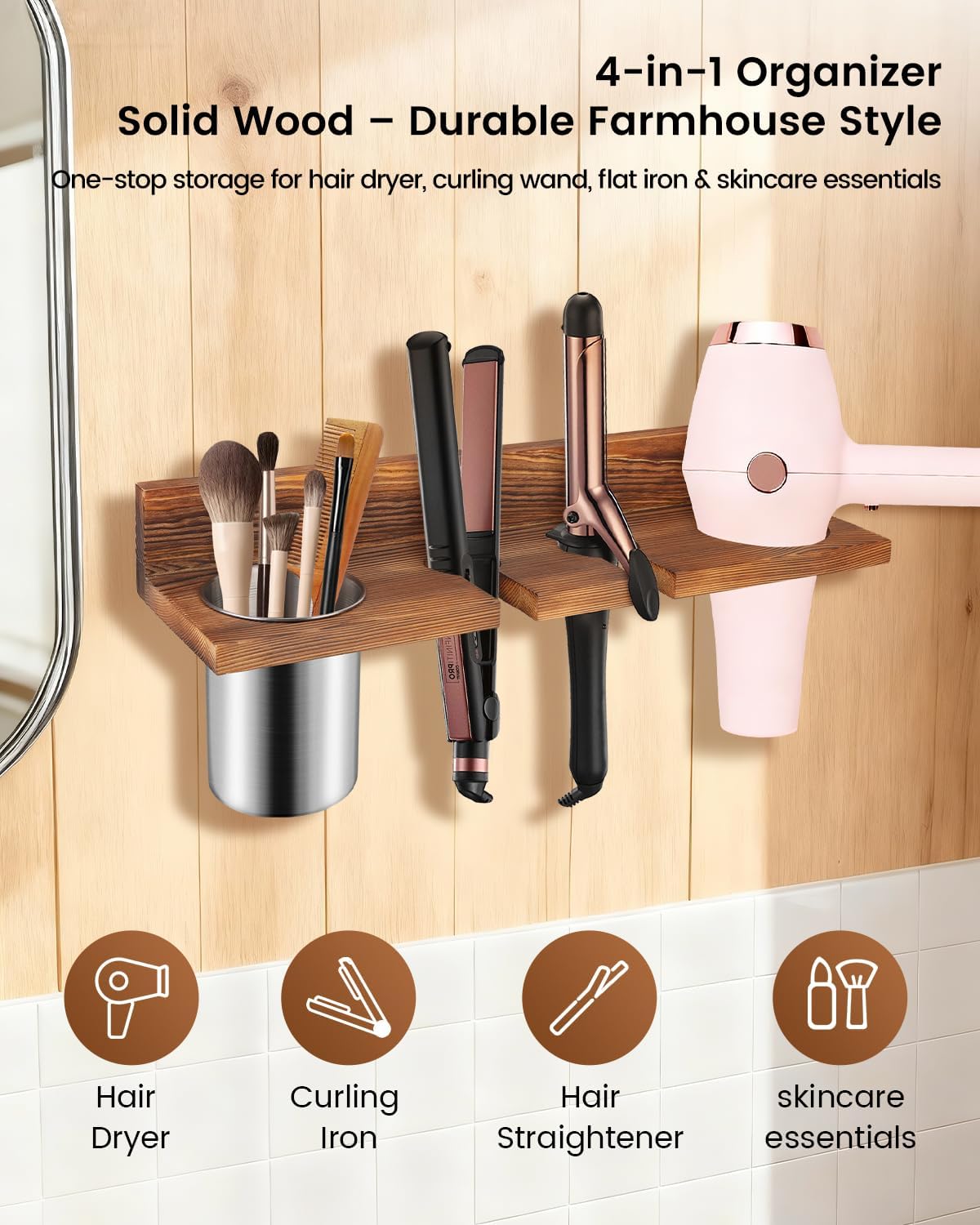 Hair Tool Organizer for Bathroom – Wall Mounted Hair Dryer Holder with Heat-Resistant Cups, Curling Iron & Straightener Rack, Blow Dryer Organizer for Vanity or Wall (Brown)