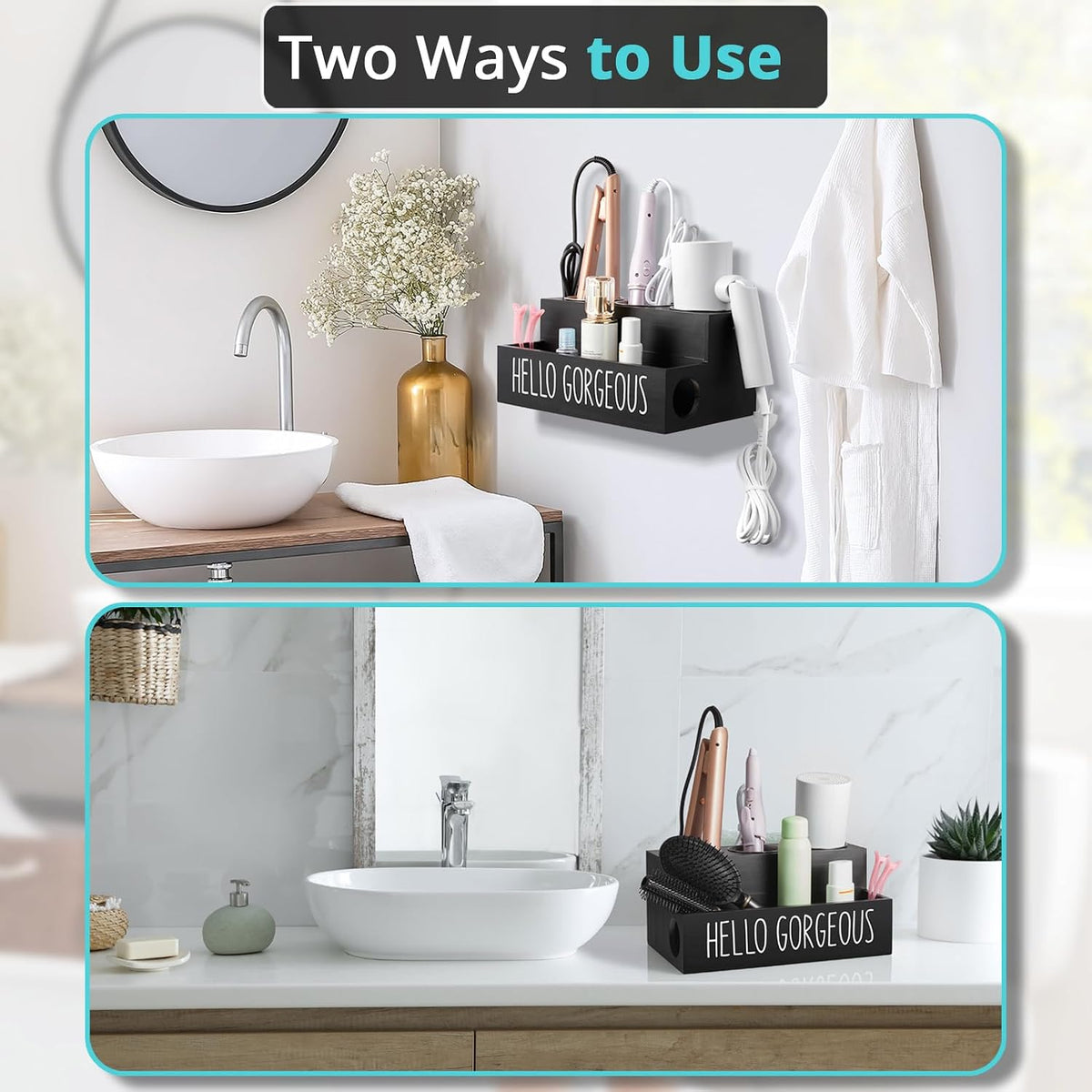 Bivvclaz Hair Tool Organizer, Wooden Hair Dryer Holder Countertop, Wall Mount Hot Tools Organizer for Hair Styling Accessories, Bathroom Supplies Vanity Caddy for Curling Wand, Blow Dryer, Black