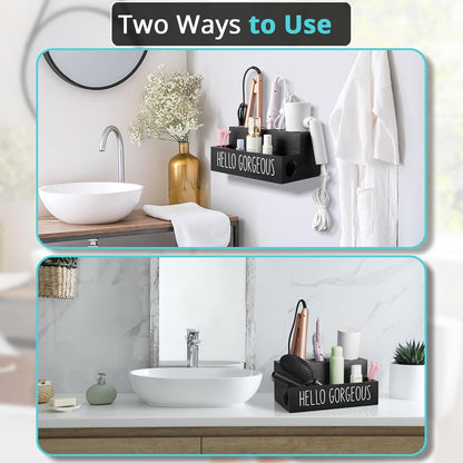 Bivvclaz Hair Tool Organizer, Wooden Hair Dryer Holder Countertop, Wall Mount Hot Tools Organizer for Hair Styling Accessories, Bathroom Supplies Vanity Caddy for Curling Wand, Blow Dryer, Black