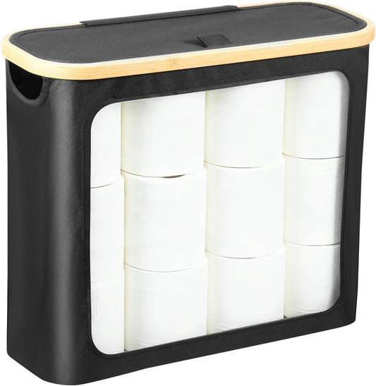 Toilet Paper Storage with Lid, Large Toilet Paper Basket, Foldable Toilets Papers Holder Organizer Holds Up to 9-12 Rolls for Bathroom Bedroom Living Room(Black)