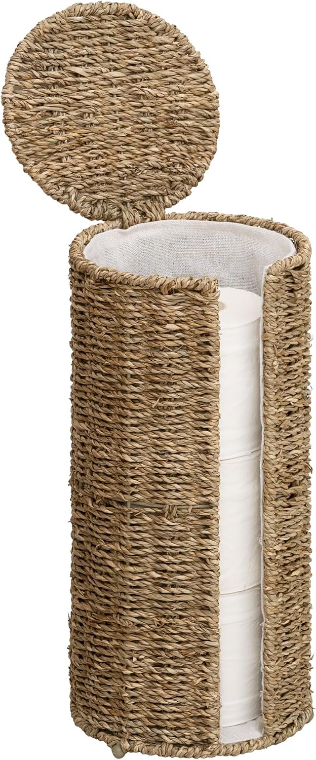 StorageWorks Seagrass Free Standing Toilet Paper Holder Stand for Bathroom, 3 Rolls of Toilet Tissue Storage with a Built-in Cloth Lining, Toilet Roll Holder Stand with Lid