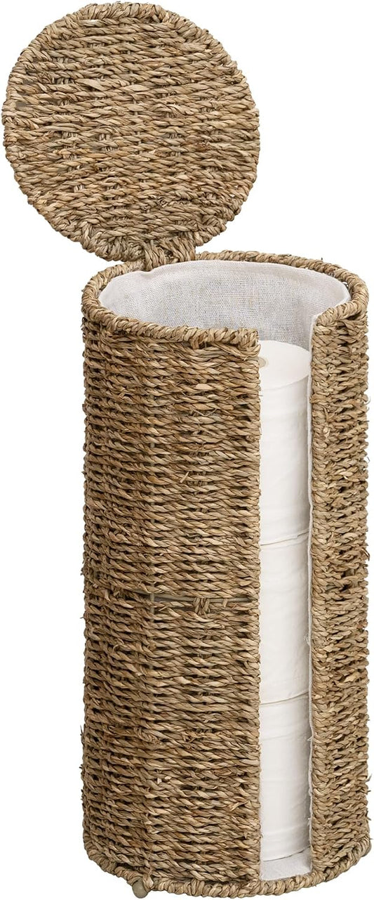 StorageWorks Seagrass Free Standing Toilet Paper Holder Stand for Bathroom, 3 Rolls of Toilet Tissue Storage with a Built-in Cloth Lining, Toilet Roll Holder Stand with Lid