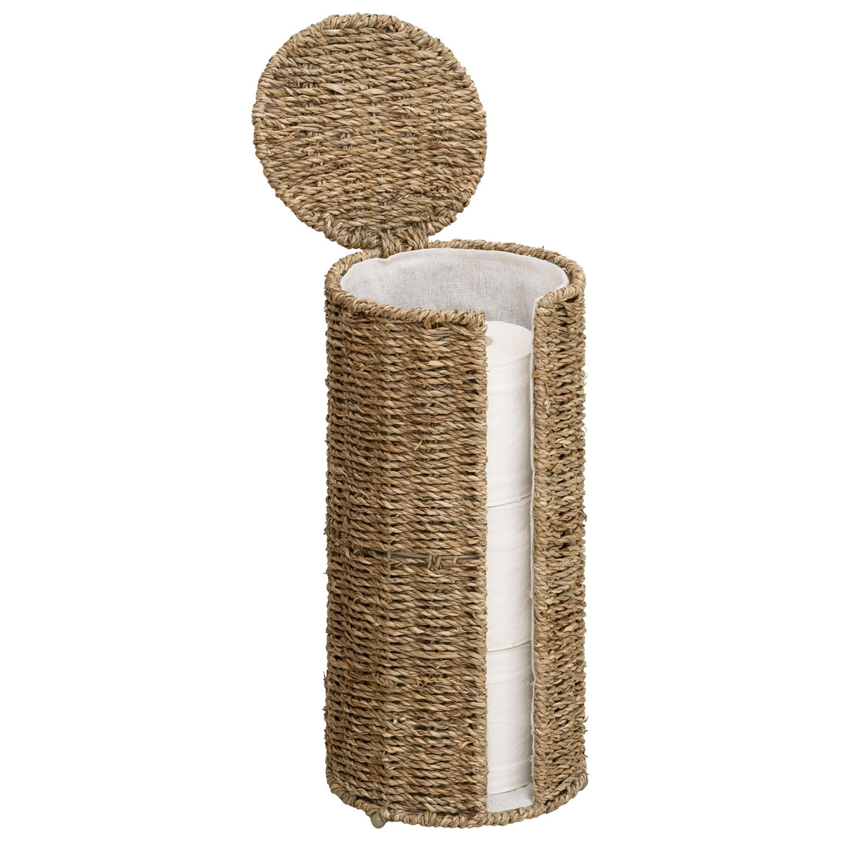 StorageWorks Seagrass Free Standing Toilet Paper Holder Stand for Bathroom, 3 Rolls of Toilet Tissue Storage with a Built-in Cloth Lining, Toilet Roll Holder Stand with Lid