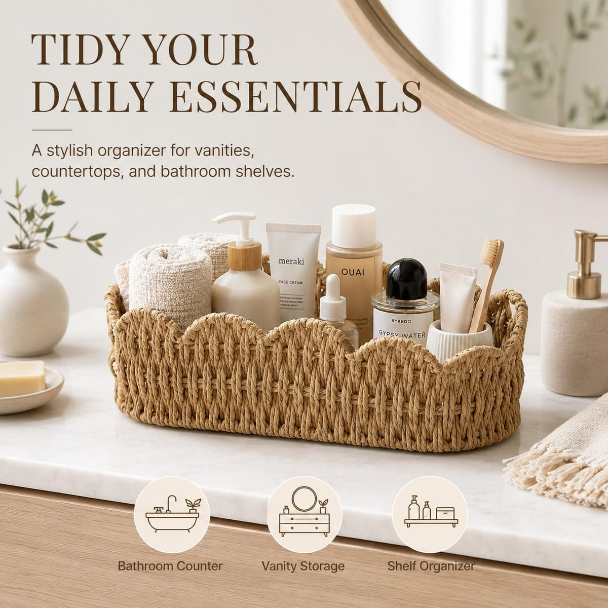 Scalloped Toilet Tank Basket, Back of Toilet Paper Basket