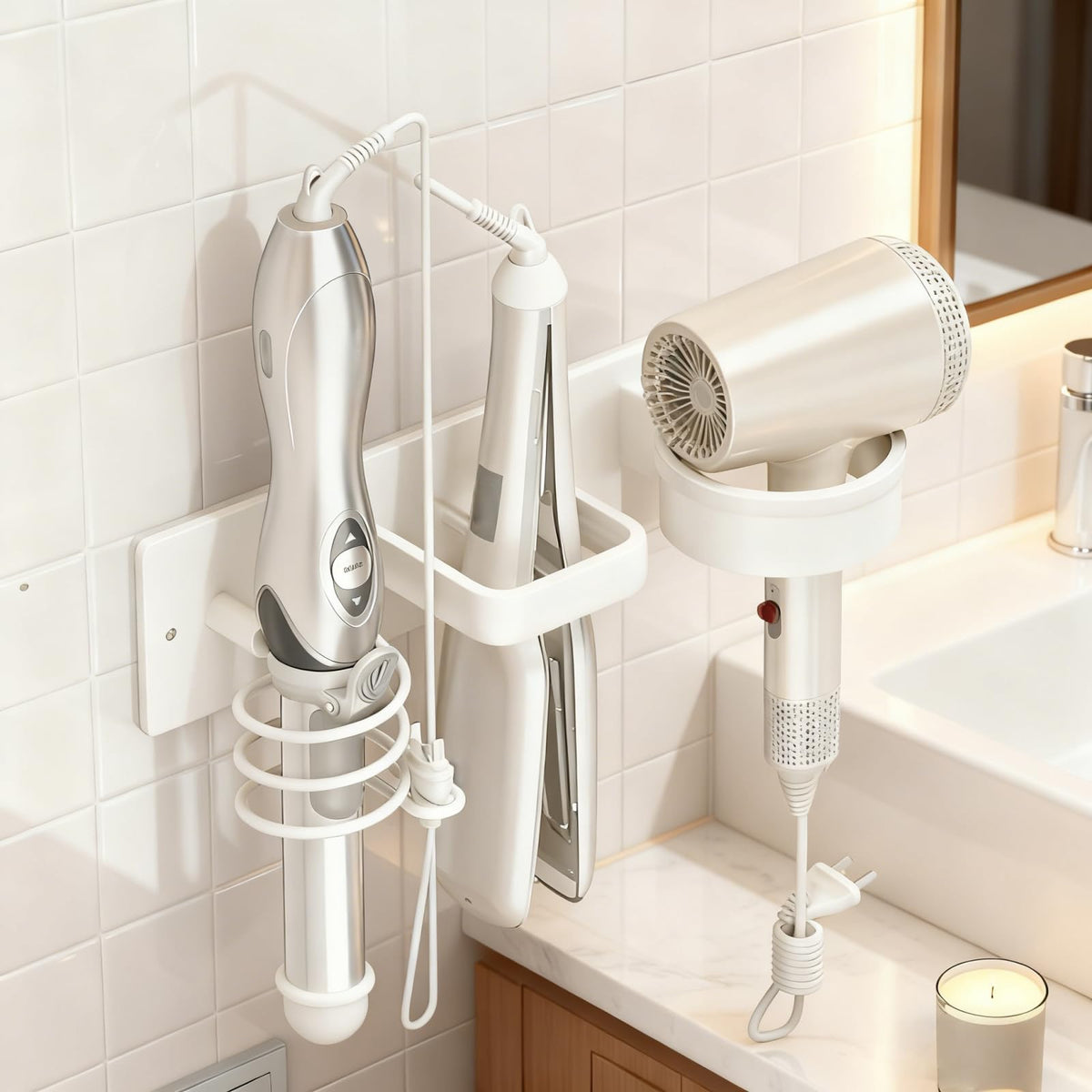 Hair Dryer Holder Wall Mounted Blow Dryer Holder Curling Iron Holder Straightener Holder 3 in 1 Bathroom Metal Hair Tool Organizer Rack（Matte Black）