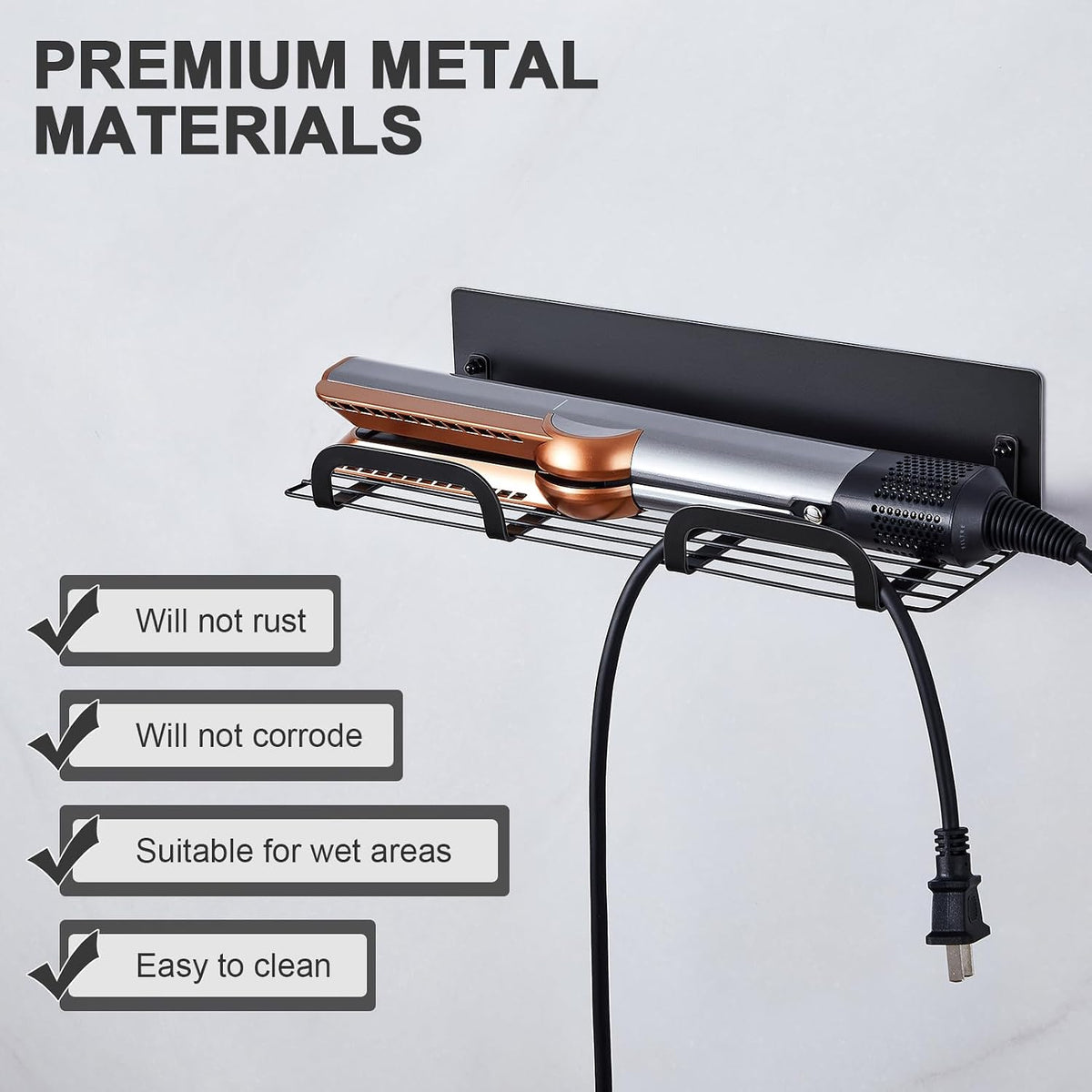 Straighteners Holder Wall Mounted Metal Hair Dryer Holder for Curling Wands Accessories Adhesive Curling Iron Holder Hair Tool Organizer for Vanity Bathroom Barber Shops (Black)