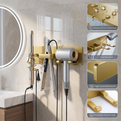 Hair Dryer Holder Hair Tool Organizer Metal Wall Mount (Gold)