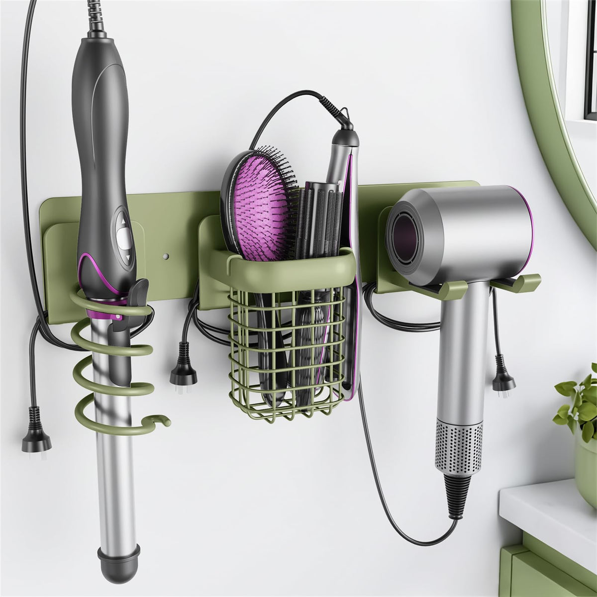 Tindbea Upgraded Aluminum Alloy Hair Dryer Holder Wall Mounted with Built-in Cord Wrap,3-in-1 Hair Tool Organizer for Blow Dryer, Curling Iron, and Straightener, Matte Black