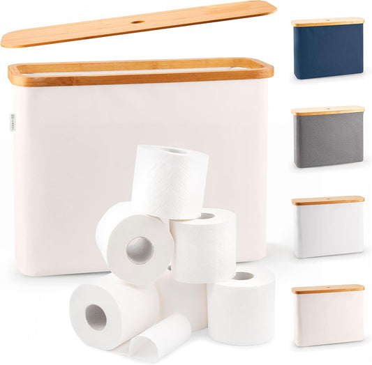 LONBET Toilet Paper Storage for 12 Rolls, Stackable & Foldable - The Ultimate Bathroom Organizer - Waterproof Basket with Bamboo Lid - Elegant Toilet Paper Storage Holder, Beige