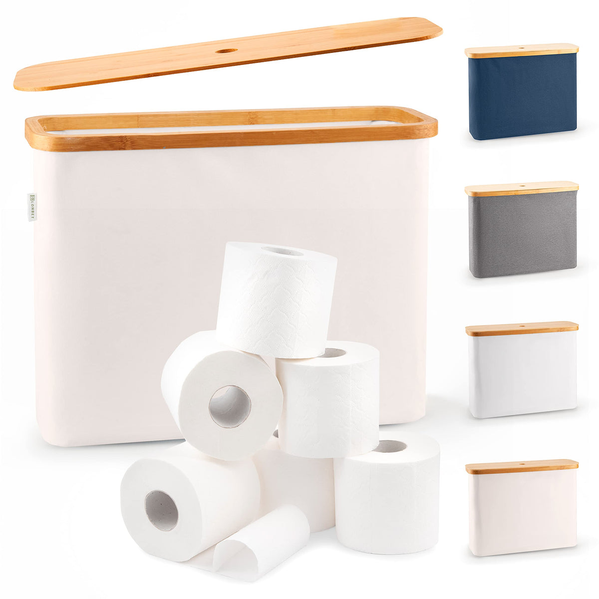 LONBET Toilet Paper Storage for 12 Rolls, Stackable & Foldable - The Ultimate Bathroom Organizer - Waterproof Basket with Bamboo Lid - Elegant Toilet Paper Storage Holder, Beige