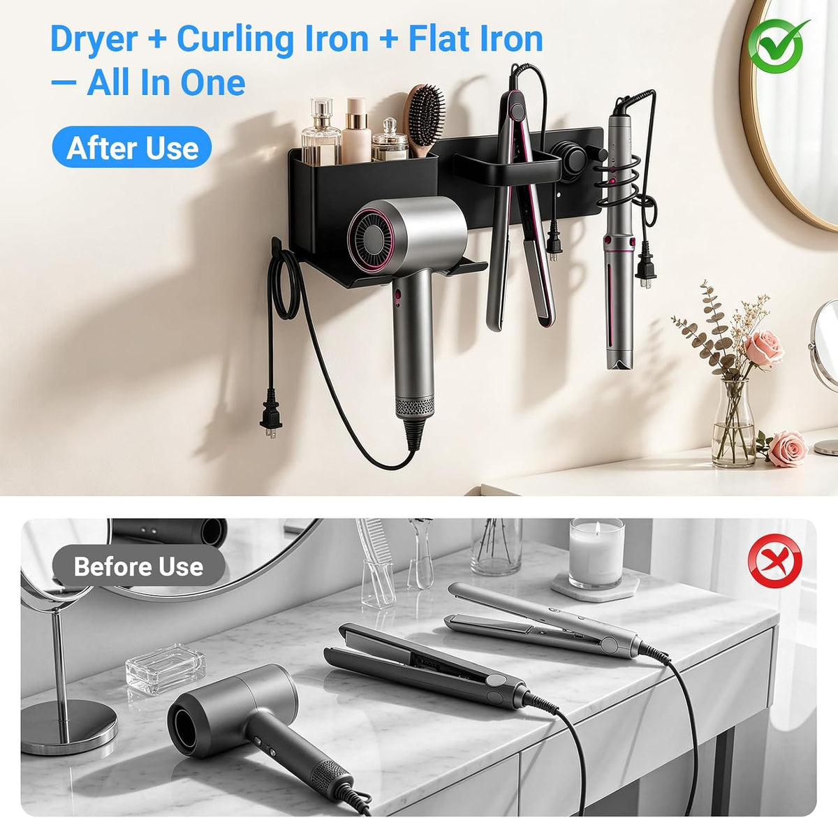Hair Dryer Holder Wall Mount with 2 Storage Compartments, Aerospace Aluminum Blow Dryer Curling Iron Flat Iron Holder, No Drill Adhesive Bathroom Hair Tool Organizer, Heat Resistant (Black)