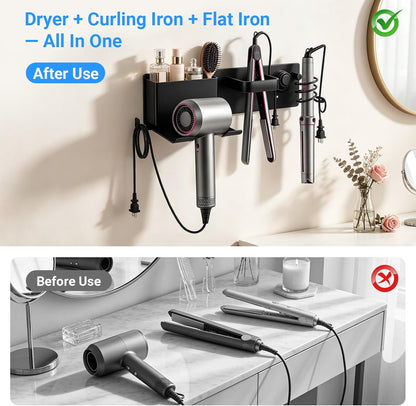 Hair Dryer Holder Wall Mount with 2 Storage Compartments, Aerospace Aluminum Blow Dryer Curling Iron Flat Iron Holder, No Drill Adhesive Bathroom Hair Tool Organizer, Heat Resistant (Black)