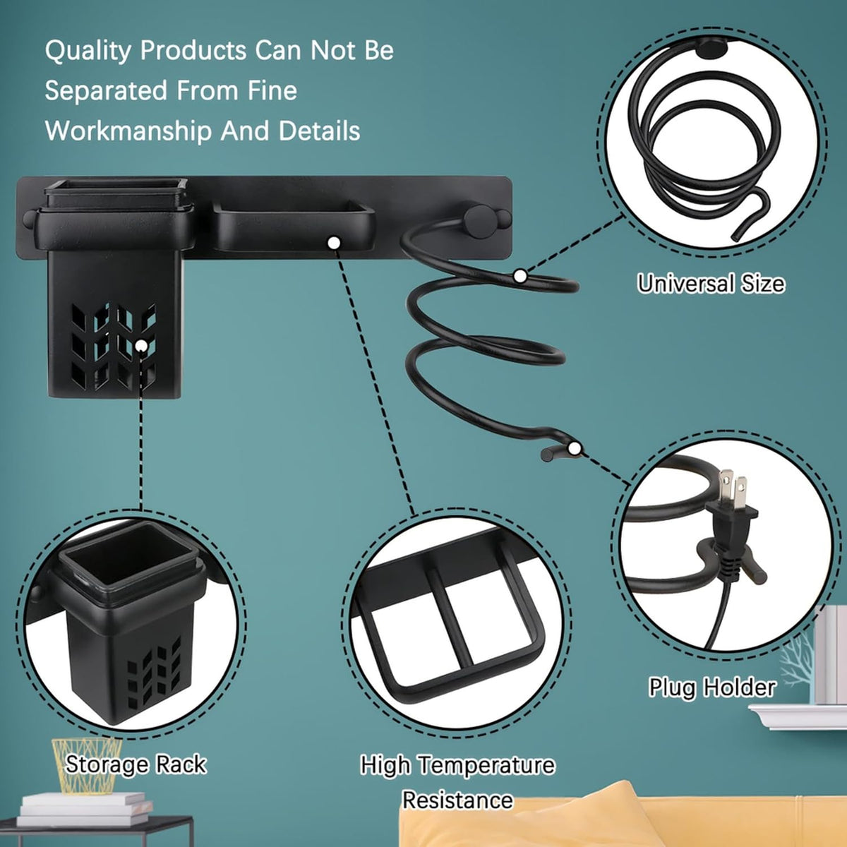 Hair Dryer Holder Wall Mounted Bathroom Blow Dryer Rack Organizer, Black