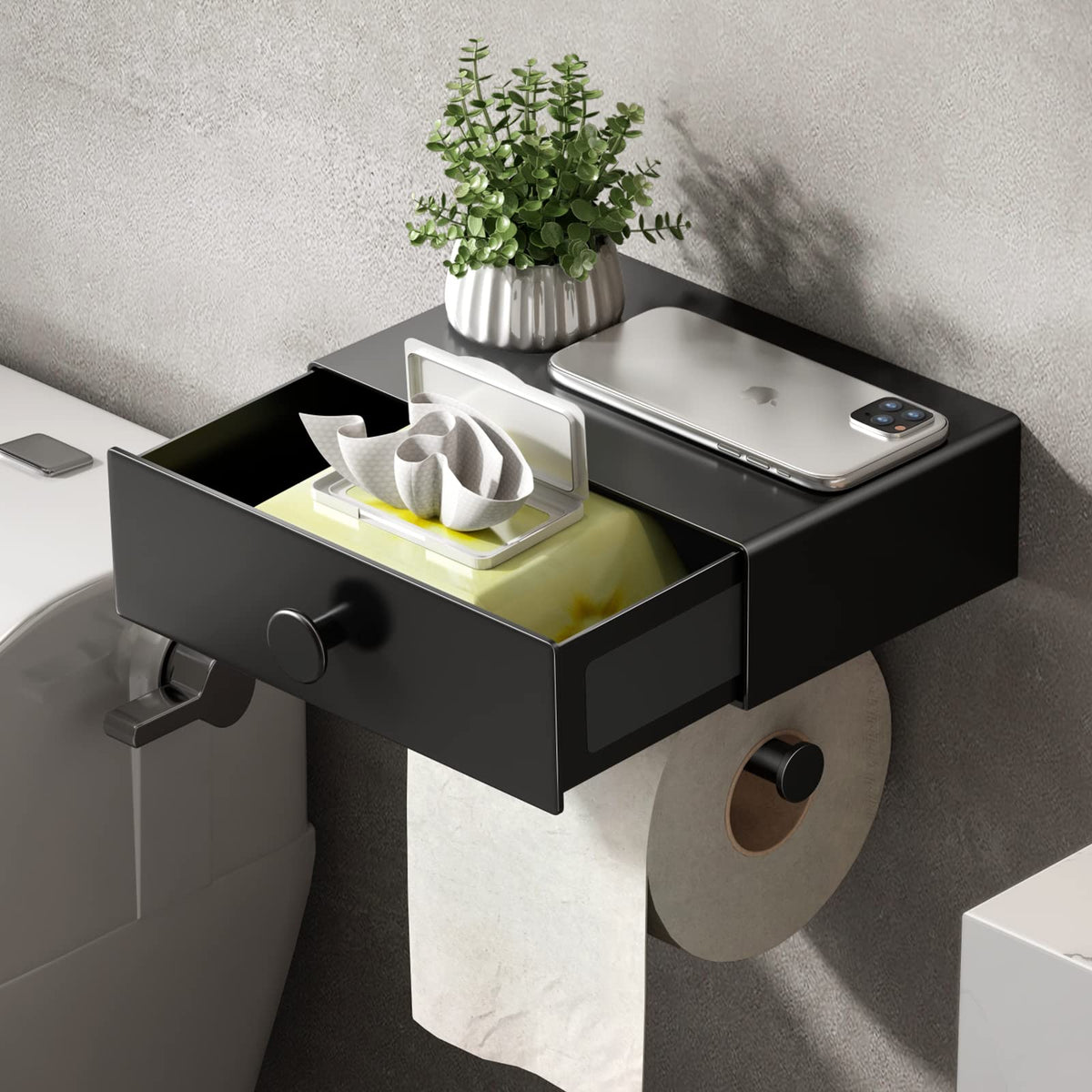 VOLDRA Toilet Paper Holder Stand with Shelf, Free Standing Black Toilet Paper Roll Holder with Wipes Storage Drawer Heavy Duty Floor Bathroom Tissue Holder Freestanding No Drill Tp Holder for 7 Rolls