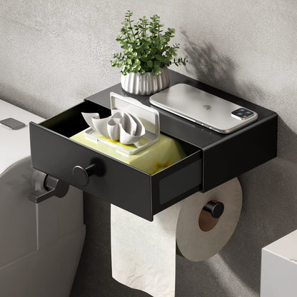 VOLDRA Toilet Paper Holder Stand with Shelf, Free Standing Black Toilet Paper Roll Holder with Wipes Storage Drawer Heavy Duty Floor Bathroom Tissue Holder Freestanding No Drill Tp Holder for 7 Rolls