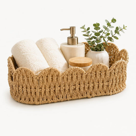 Scalloped Toilet Tank Basket, Back of Toilet Paper Basket