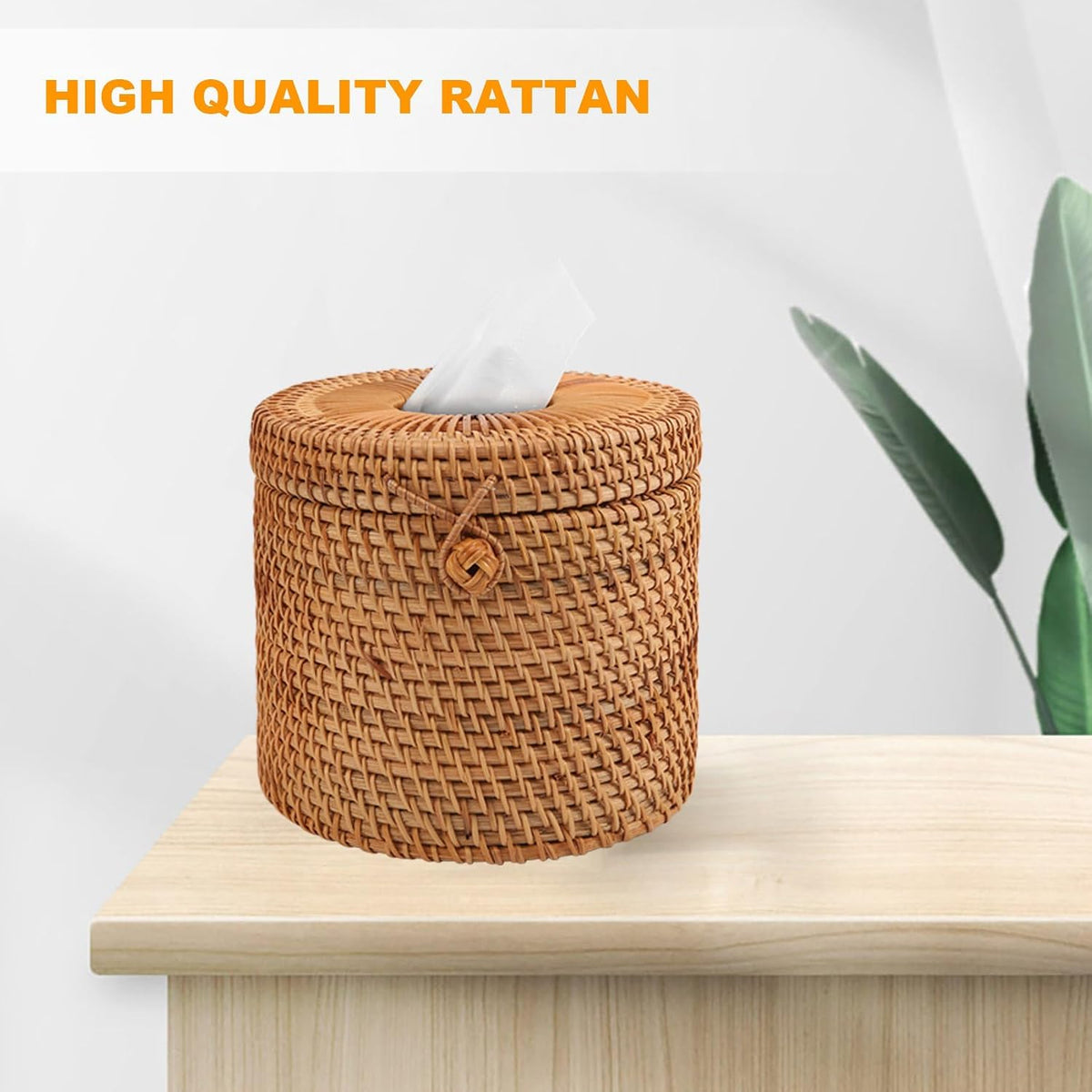 Round Rattan Tissue Box Vine Roll Holder Toilet Paper Cover Dispenser for Barthroom,Home,Hotel and Office